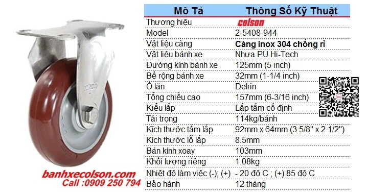 Kích Thước Bánh Xe Pu 125 Càng Inox 304 Cố định 2 5408 944 Banhxecolson.com Kích Thước Bánh Xe Pu 125 Càng Inox 304 Cố định 2 5408 944 Banhxecolson.com