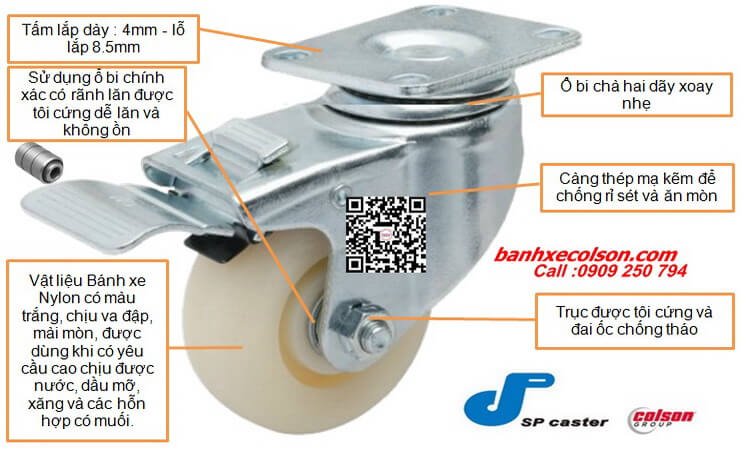 đặc Tính Bánh Xe Nhựa Trắng Nylon Tải Trung Sp Caster Xoay Khóa Banhxecolson.com đặc Tính Bánh Xe Nhựa Trắng Nylon Tải Trung Sp Caster Xoay Khóa Banhxecolson.com