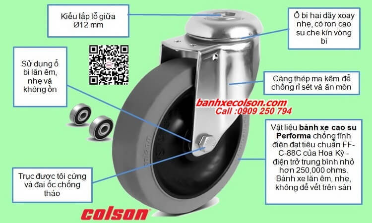 Thông số Bánh xe đẩy cao su 125 chống tĩnh điện lắp lỗ trơn Ø 12mm