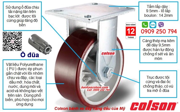 Mô tả đặc tính bánh xe PU lõi Nhôm chịu tải trọng nặng Colson Mỹ banhxecolson.com