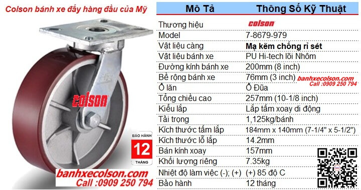 Bảng thông số bánh Xe Xoay Chịu Tải Trên 1 Tấn Colson Mỹ PU-AL